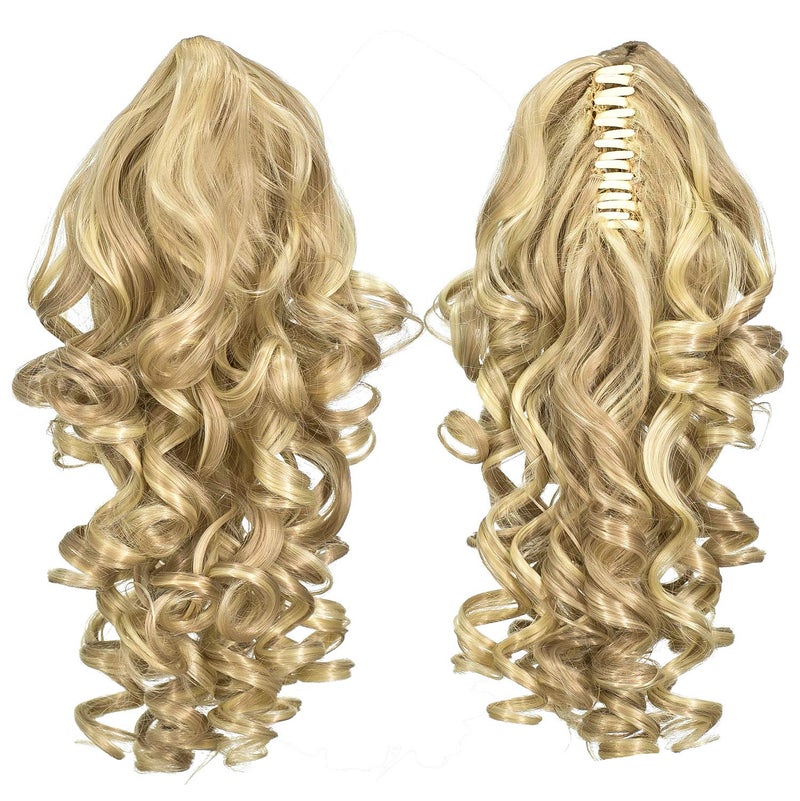 SWACC Short Claw Clip Synthetic Curly Ponytail Hairpiece Extension 12Inch Dark Honey BlondeBleach Blonde Highlights16H613